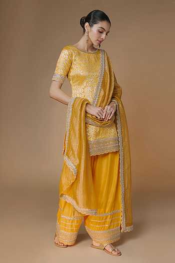 Sunset Yellow Brocade Kurta Farshi Salwar Set