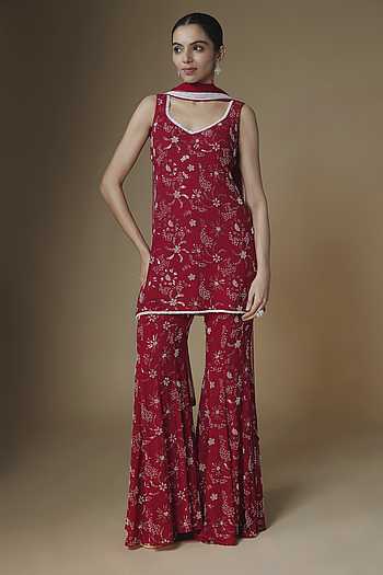 Red Floral Embroidered Kurta Sharara Set