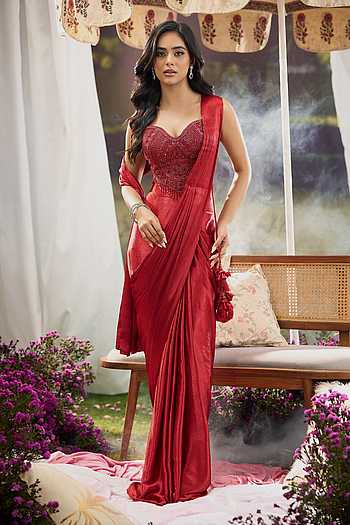 Silk Pre-Draped Saree With Embroidered Net Blouse