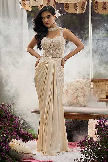 Embroidered Blouse Draped Skirt Set