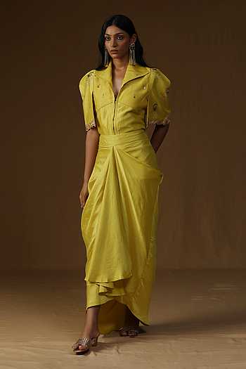 Rangadevi Lime Shirt & Draped Skirt Set