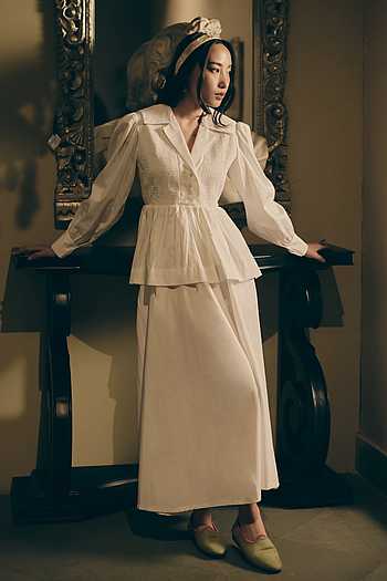 Cloud White Poet Shirt & Skirt Set