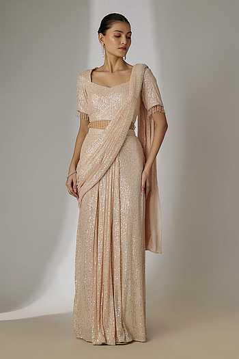 Sequin Embellished Pre-Draped Saree With Blouse