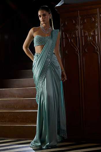 Satin Pre-Draped Saree With Tube Blouse