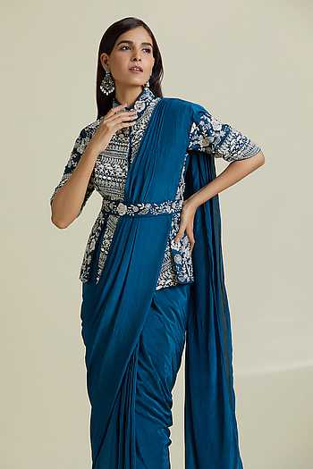 Dori Embroidered Slit Blouse & Pre-Draped Saree Set 