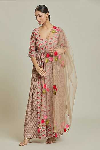 Floral Print Gathered Anarkali Pant Set 