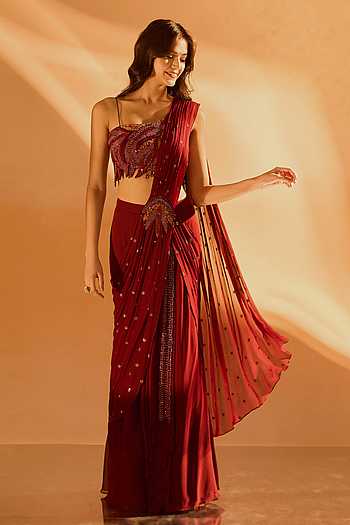Sequin Embroidered Pre-Draped Saree With Blouse 