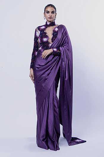 Lichen Frost Pre-Draped Saree With Embroidered Blouse