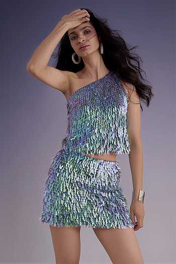 Iridescent Paillette One Shoulder Top With Skirt