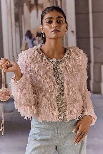 Feathered & Embellished Cropped Jacket