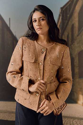 Sand Hand-Embroidered Tweed Jacket