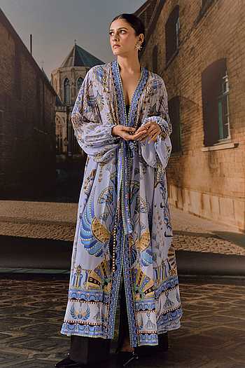 Printed Silk Overlay Kaftan With Belt