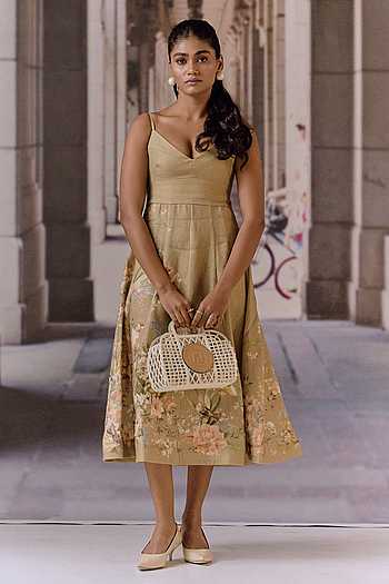 Olive Forest Print Linen Midi Dress
