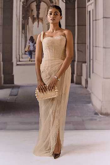 Apricot One-Shoulder Lace Net Dress