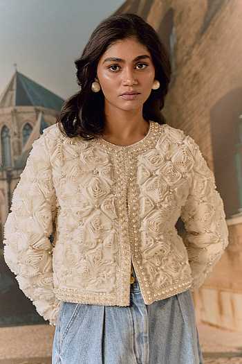 3D Rose Embellished Cropped Jacket