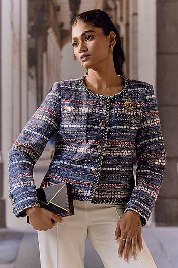 Textured Weave Jacket With Statement Brooch
