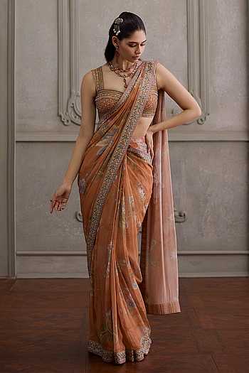 Yasmin Floral Print Pre-Draped Saree With Blouse