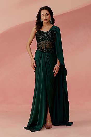 Emerald Pre-Draped Saree With Embellished Corset