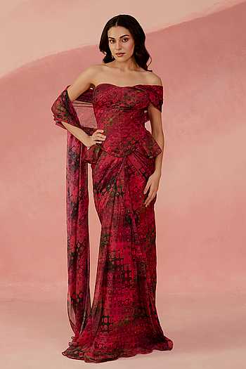 Mosaic Print Pre-Draped Saree With Blouse