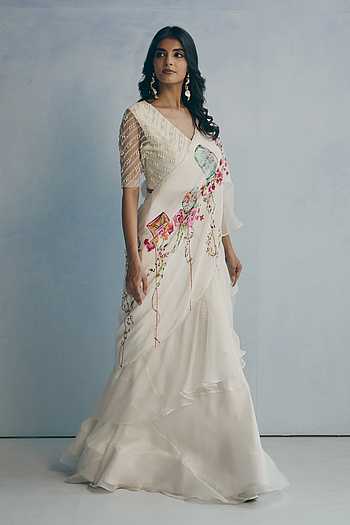 Printed Pre-Draped Saree With Embroidered Blouse
