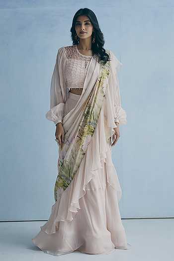Printed Pre-Draped Saree With Blouse