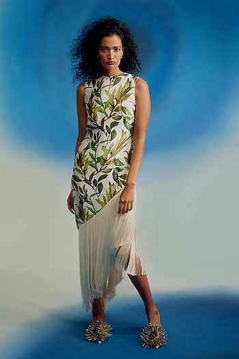Assymetric Satin Fringe Dress