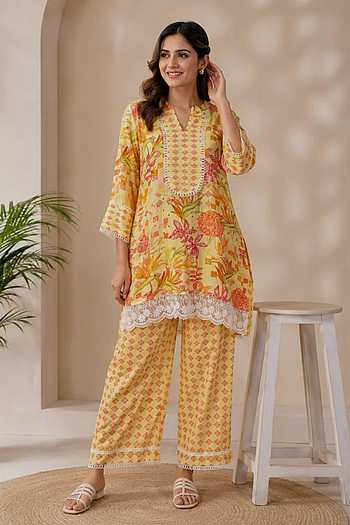 Floral & Geometric Print Kurta Set