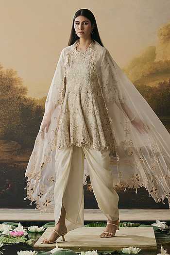 Cutwork Flared Kurta With Cowl Tulip Pant