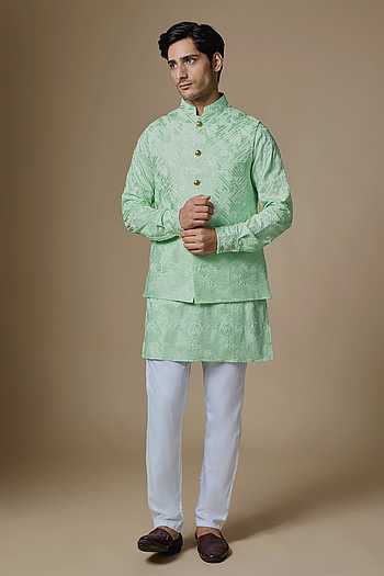 Border Embroidered Dupion Silk Nehru Jacket & Kurta Set
