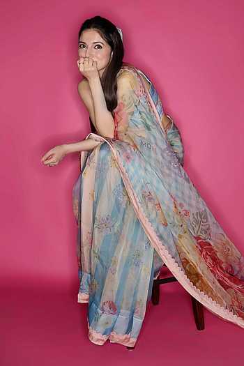 Rani Bloom Powder Blue Saree With Blouse