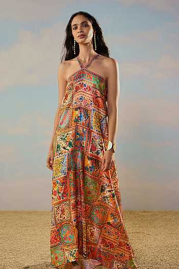Ornamental Print Halter Maxi Dress