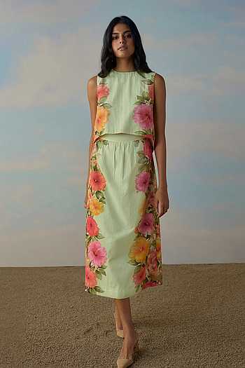 Tulip Back Placed Floral Top & Skirt Set