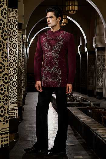 Garnet Embroidered Bandhgala Set
