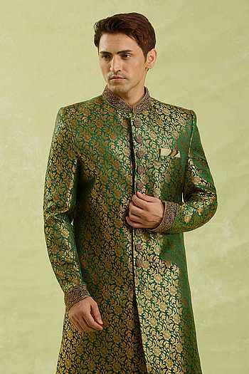 Green Jacquard Banarasi Silk Sherwani Set 