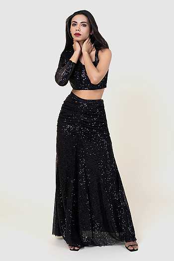 Sequin Embellished Crop Top & Ruched Skirt Set