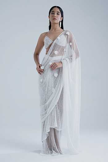 3D Floral Embroidered Pre-Draped Saree With Blouse