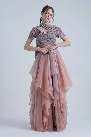 Draped Pleated Blouse & Layered Skirt Set