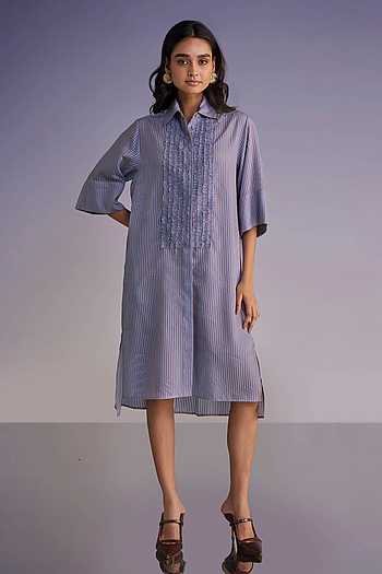Ruffled Bib Organza Stripe Shirt Dress