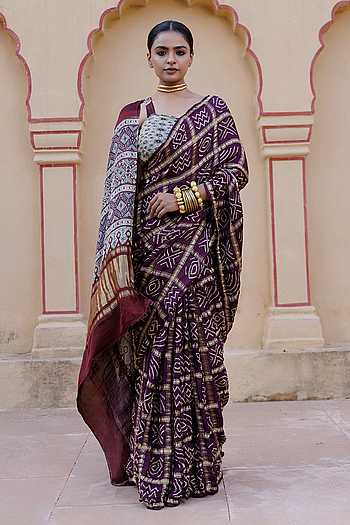 Ajrakh Bandhani Saree with Stitched Blouse & Petticoat Set