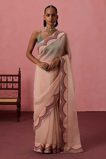 Scallop Border Embroidered Saree With Unstitched Blouse Piece