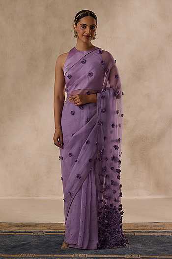 Flower Bead Embroidered Saree With Unstitched Blouse Piece