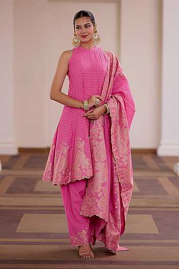 Rose Rabri Zari Woven Vegan Silk Anarkali Set