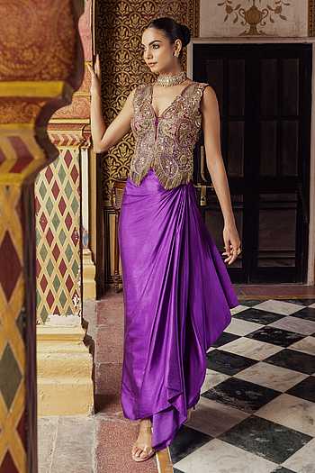 Bemburg Satin Chanderi Silk Draped Skirt & Jacket Set