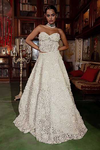 Moti-Leher Cutwork Lace Corset & Lehenga Set