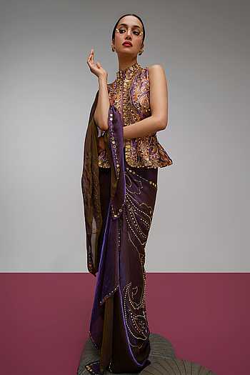 Vintage Power Moves Pre-Draped Saree With Peplum Blouse
