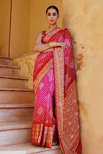 Bandhani Saree with Stitched Blouse & Petticoat Set