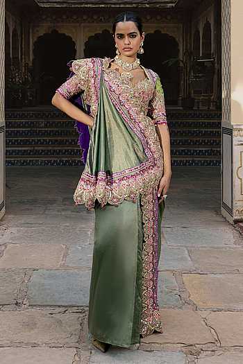Madhaniya Rimzim Zari Embroidered Saree & Blouse Set