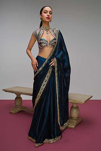 Pop Peacock Embroidered Pre-Draped Saree With Blouse