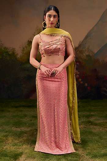 Pink Smoke Bandhani Woven Skirt Set
