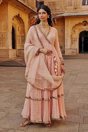 Vintage Blush Tiered Angrakha With Dupatta